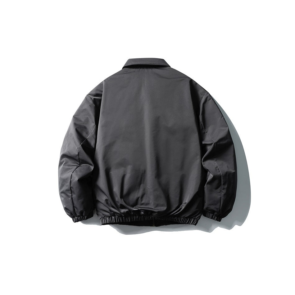 Dark gray padded bomber jacket, back view, with collar, plain back panel and elastic cuffs and hem