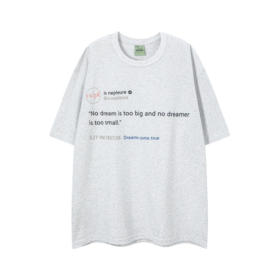 Heather gray short-sleeve crew-neck T-shirt with dark printed quote graphic on the chest, flat lay front view