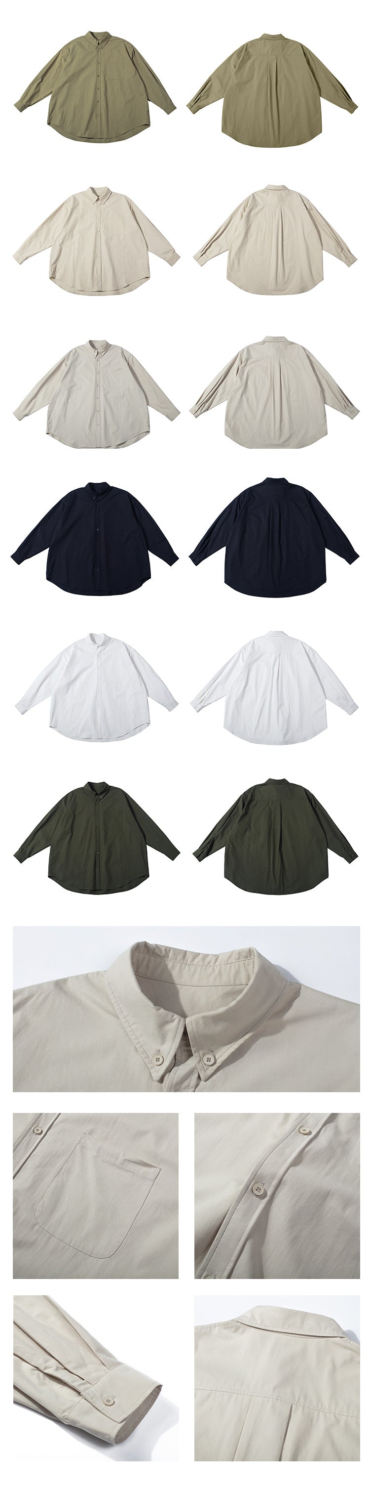 Oversized button-up shirt shown front and back in six colors, with close-ups of the collar, pocket, buttons, cuff and back