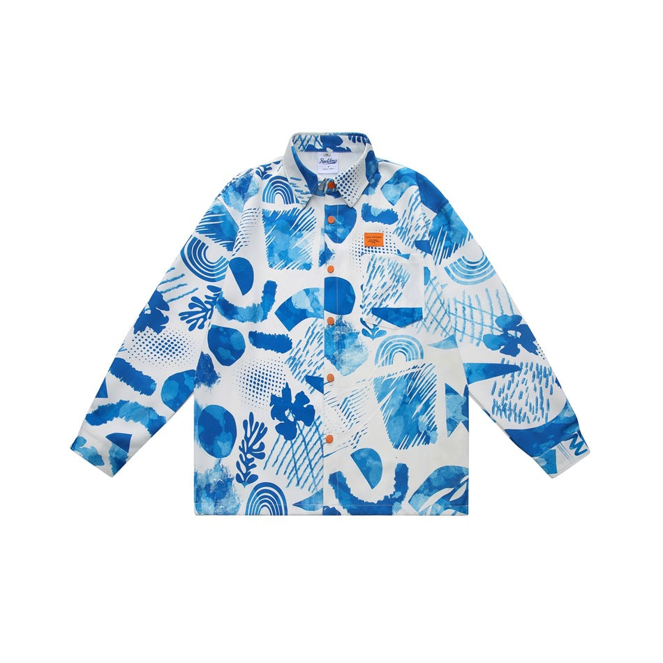 Blue and white abstract print long-sleeve button-front shirt with chest pocket and orange label, flat view