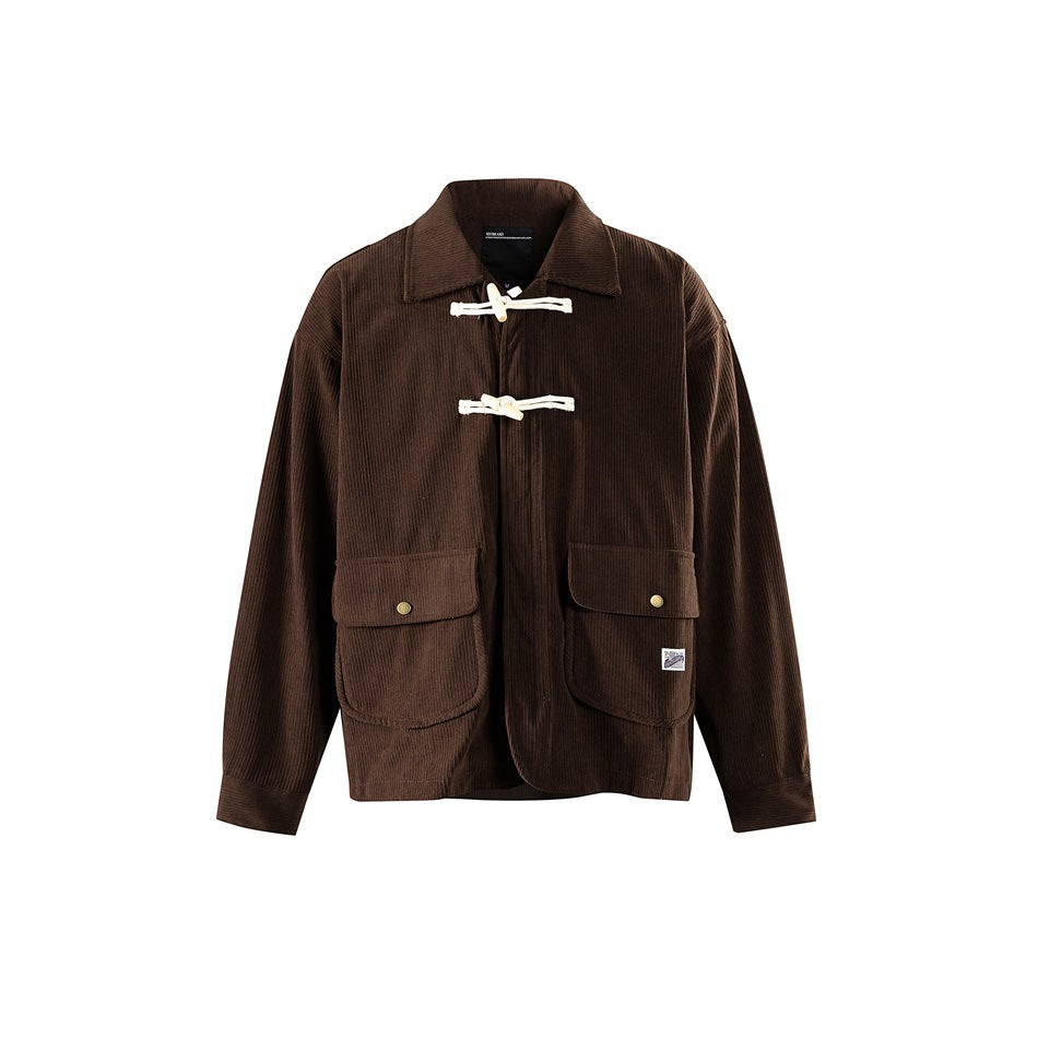 Brown corduroy jacket front view with cream rope toggle closures, flap patch pockets and a pointed collar