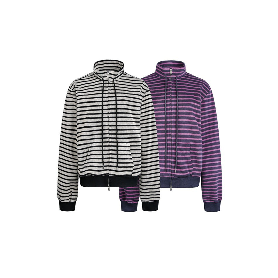 Two striped zip-front jackets shown together: one black and white, the other purple and dark navy.
