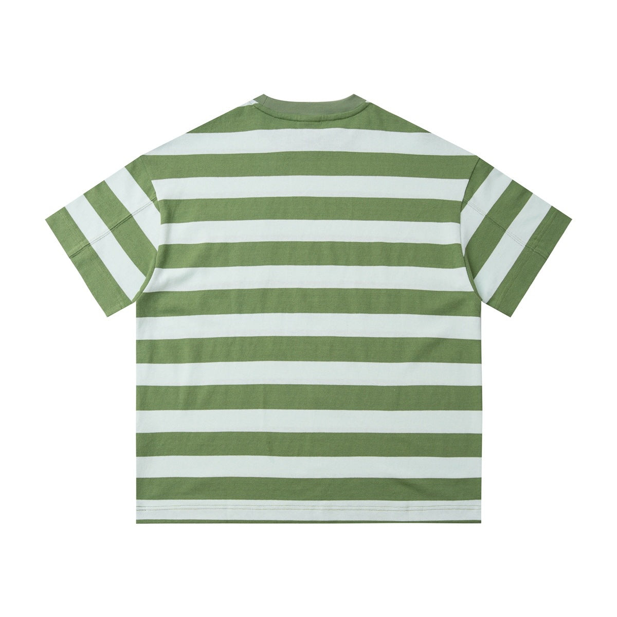 Back view of a short-sleeve crew-neck T-shirt with broad green and white horizontal stripes.