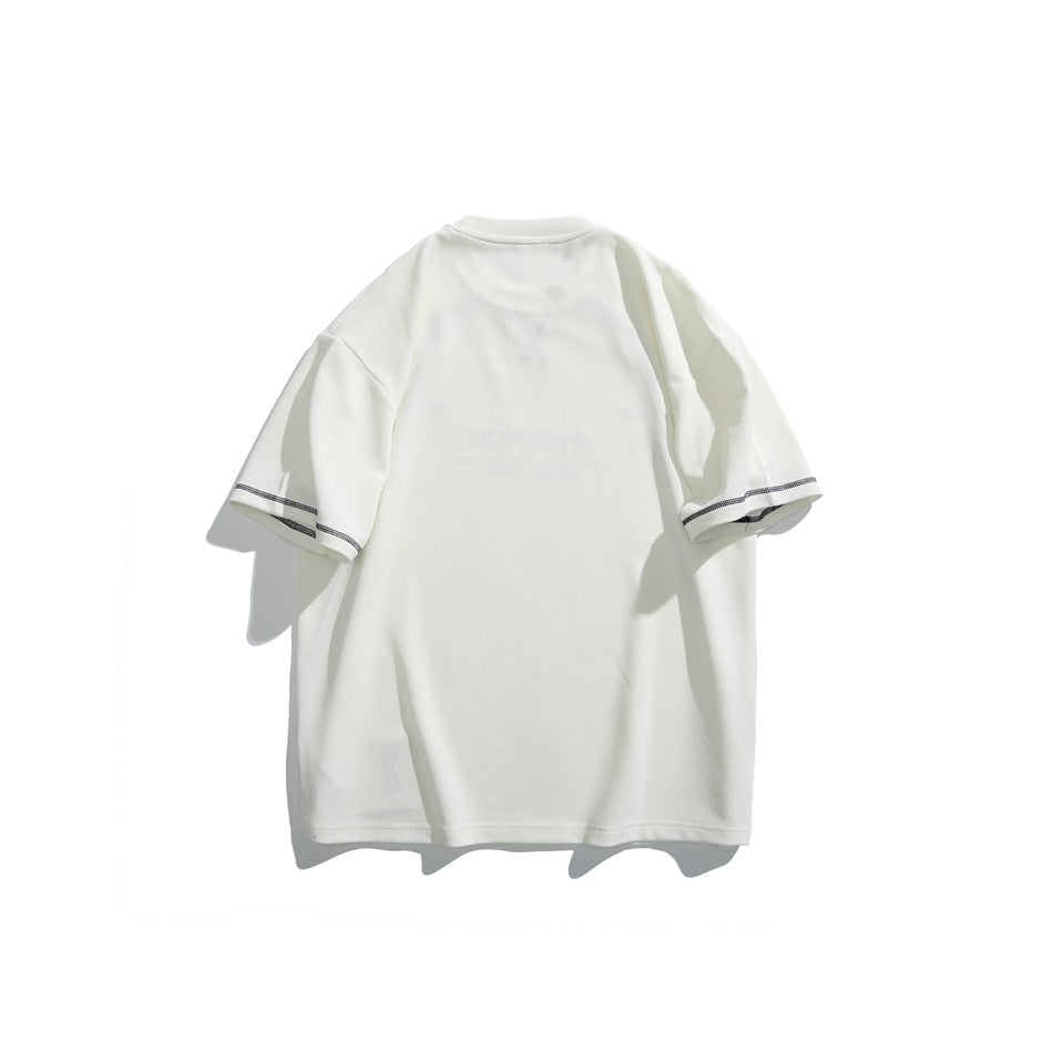 Back view of an off-white short-sleeve T-shirt with dark contrast stitching along the sleeve hems.