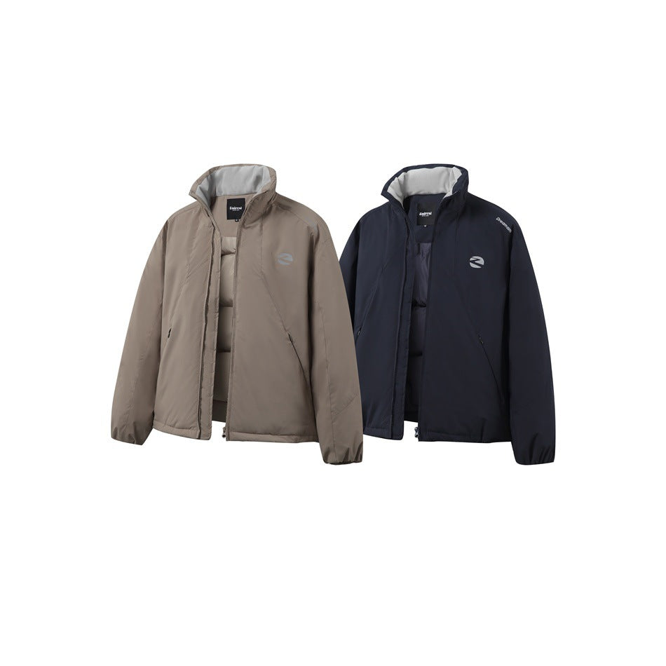 Two front views of the same high-collar zip jacket in taupe and dark navy.
