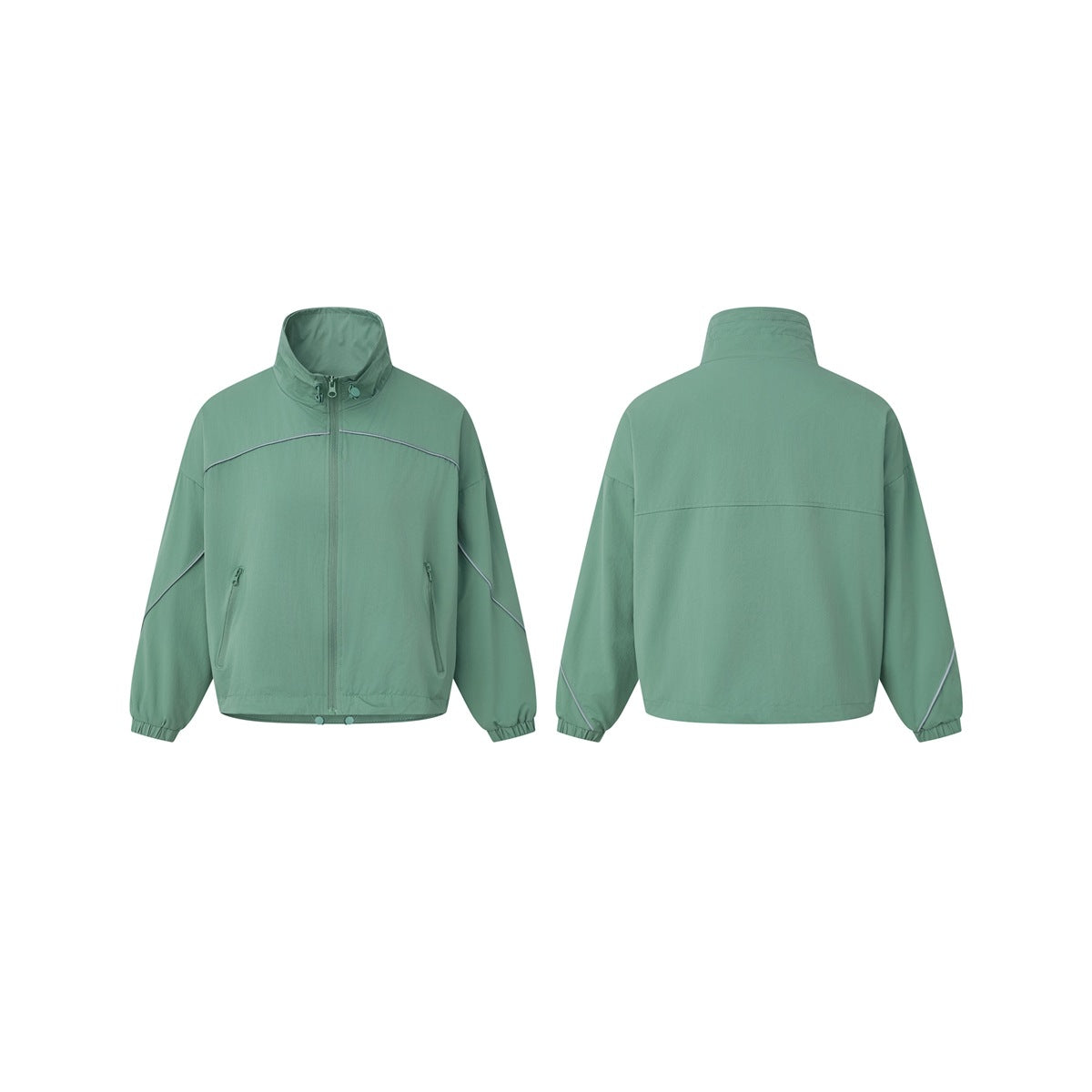 Sage-green jacket shown from the front and back, with a high collar, full zipper, and elastic cuffs.