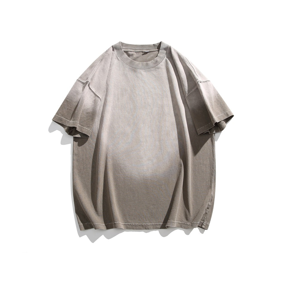 Gray-brown short-sleeve crewneck T-shirt with gradient faded wash, flat lay front view