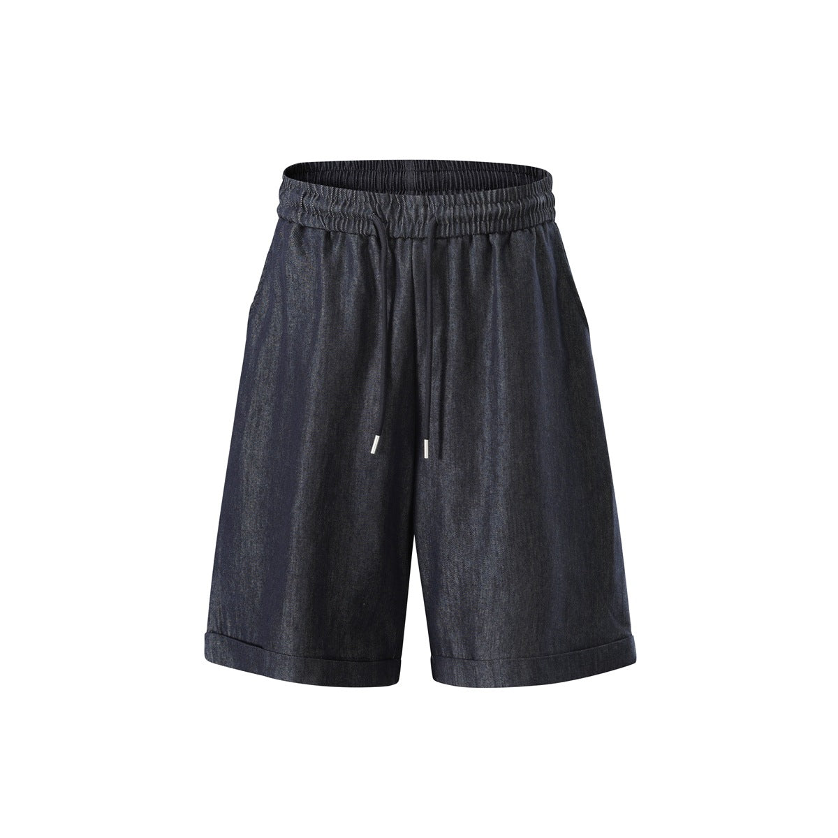 Front of dark indigo denim-look knee-length shorts with elastic drawstring waist and rolled cuffs