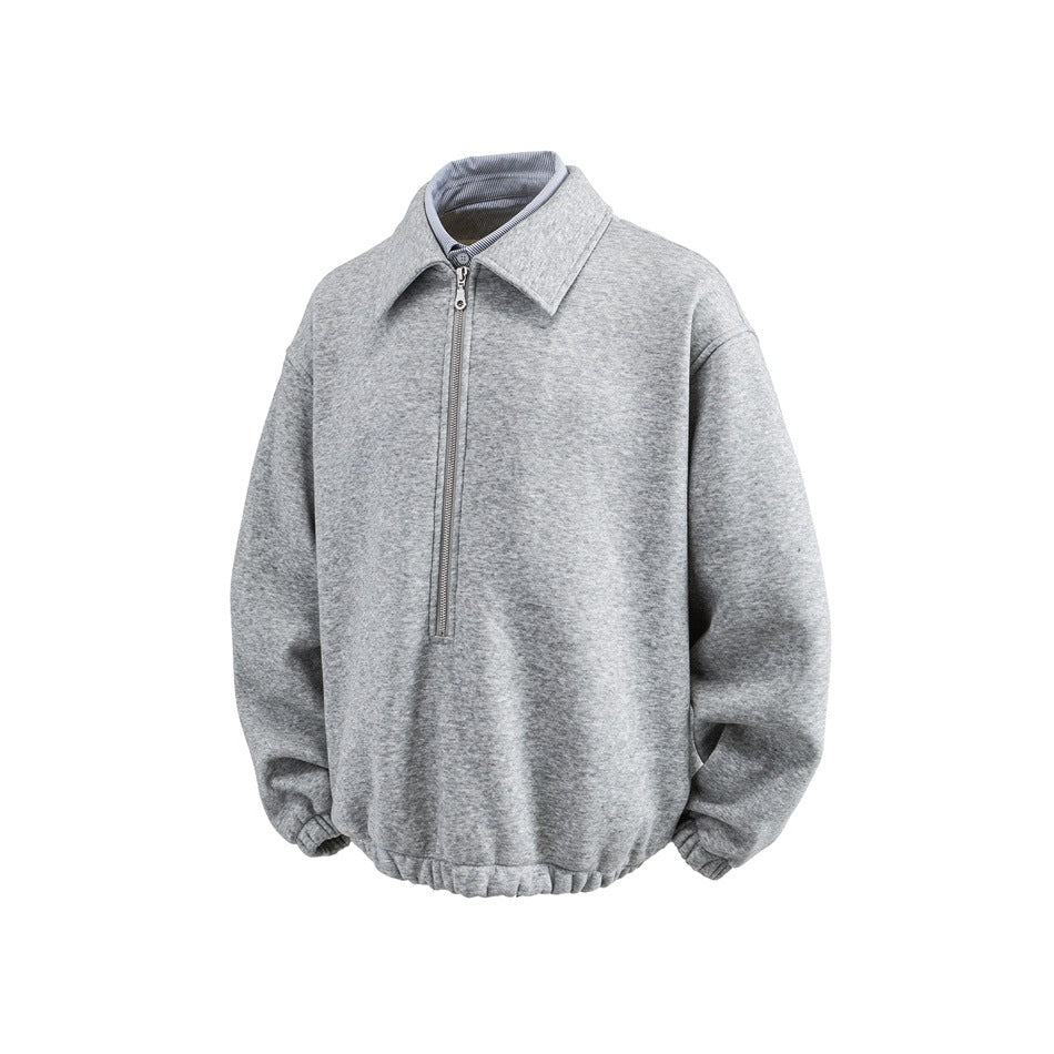 Front view of a heather gray pullover with a striped pointed collar, short zipper, long sleeves, and gathered cuffs and hem.