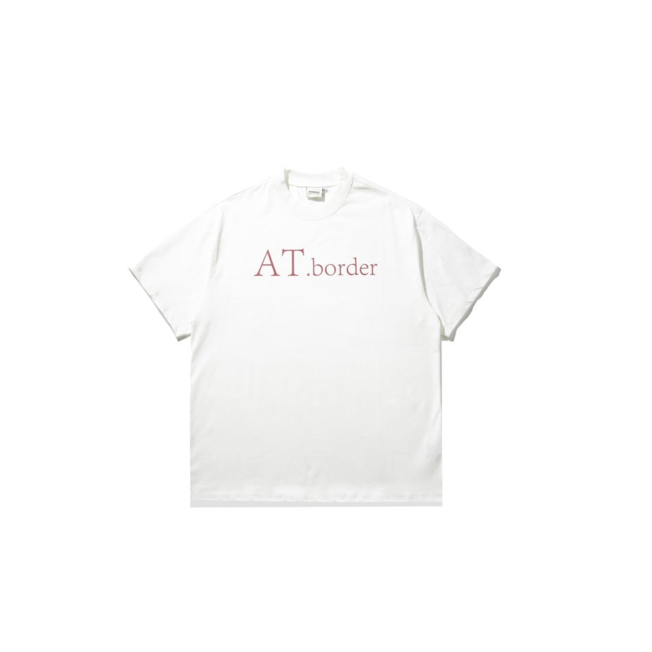 White short-sleeve crew-neck T-shirt flat lay with muted rose serif lettering across the chest