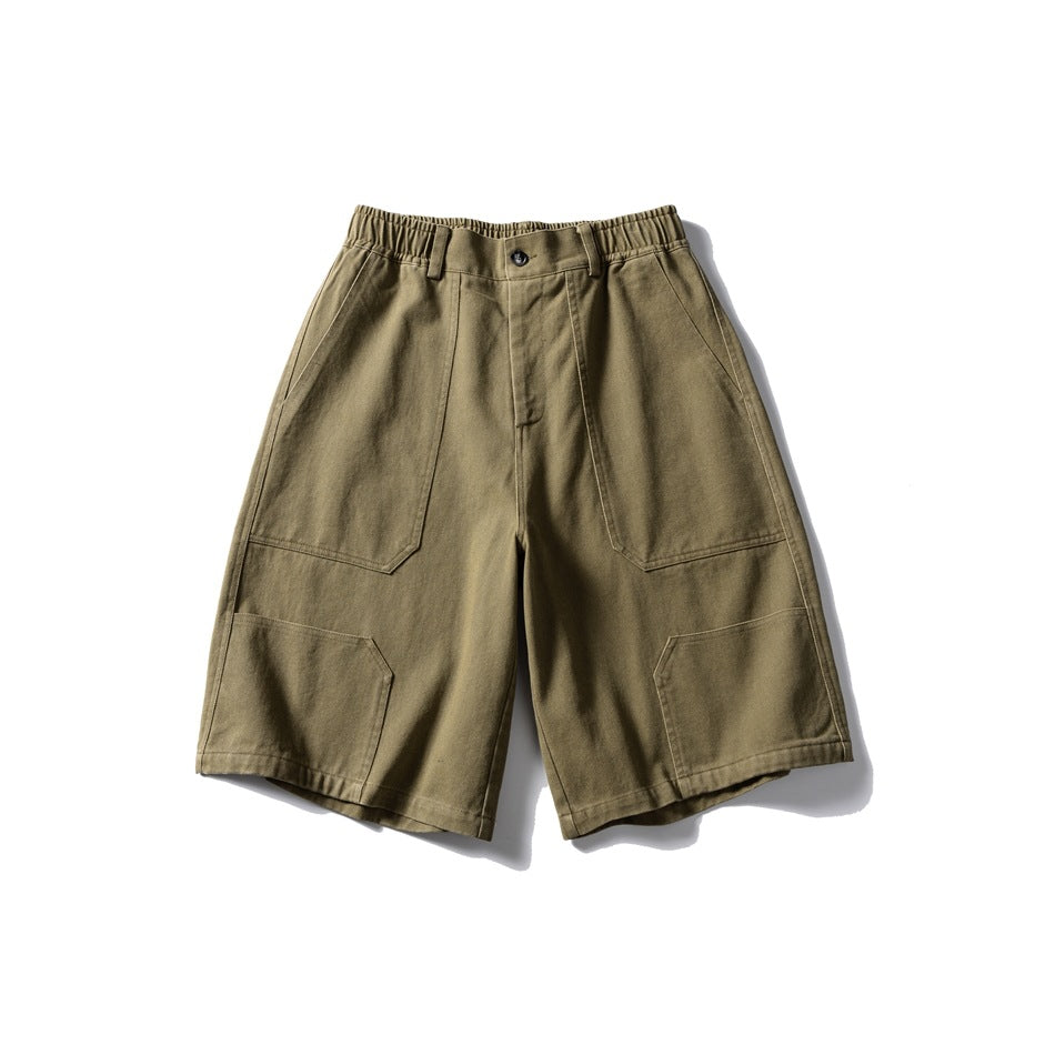 Khaki olive knee-length shorts flat lay front view with elastic waistband, button and large patch pockets