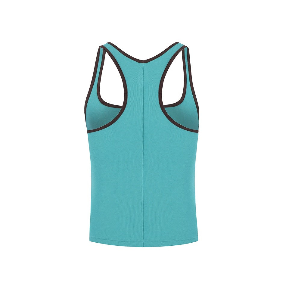 Back view of a turquoise racerback tank top with dark trim and a center seam.