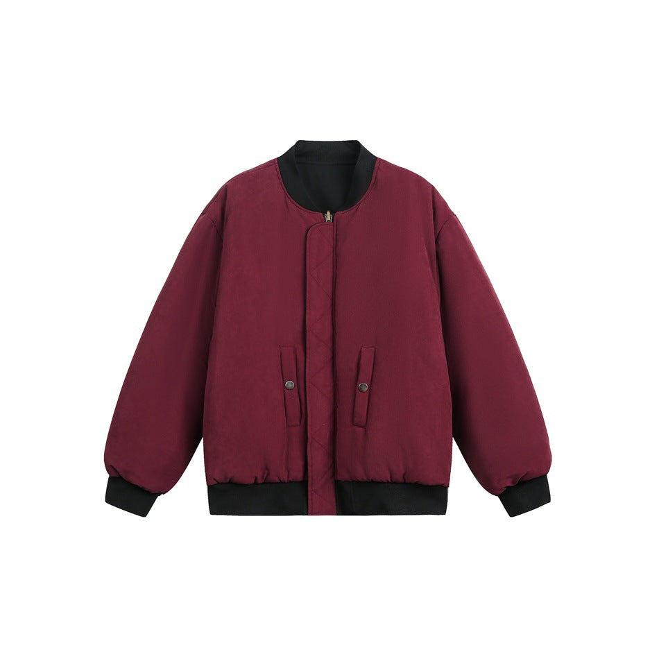 Burgundy padded bomber jacket with black ribbed collar, cuffs and hem, flat lay front view