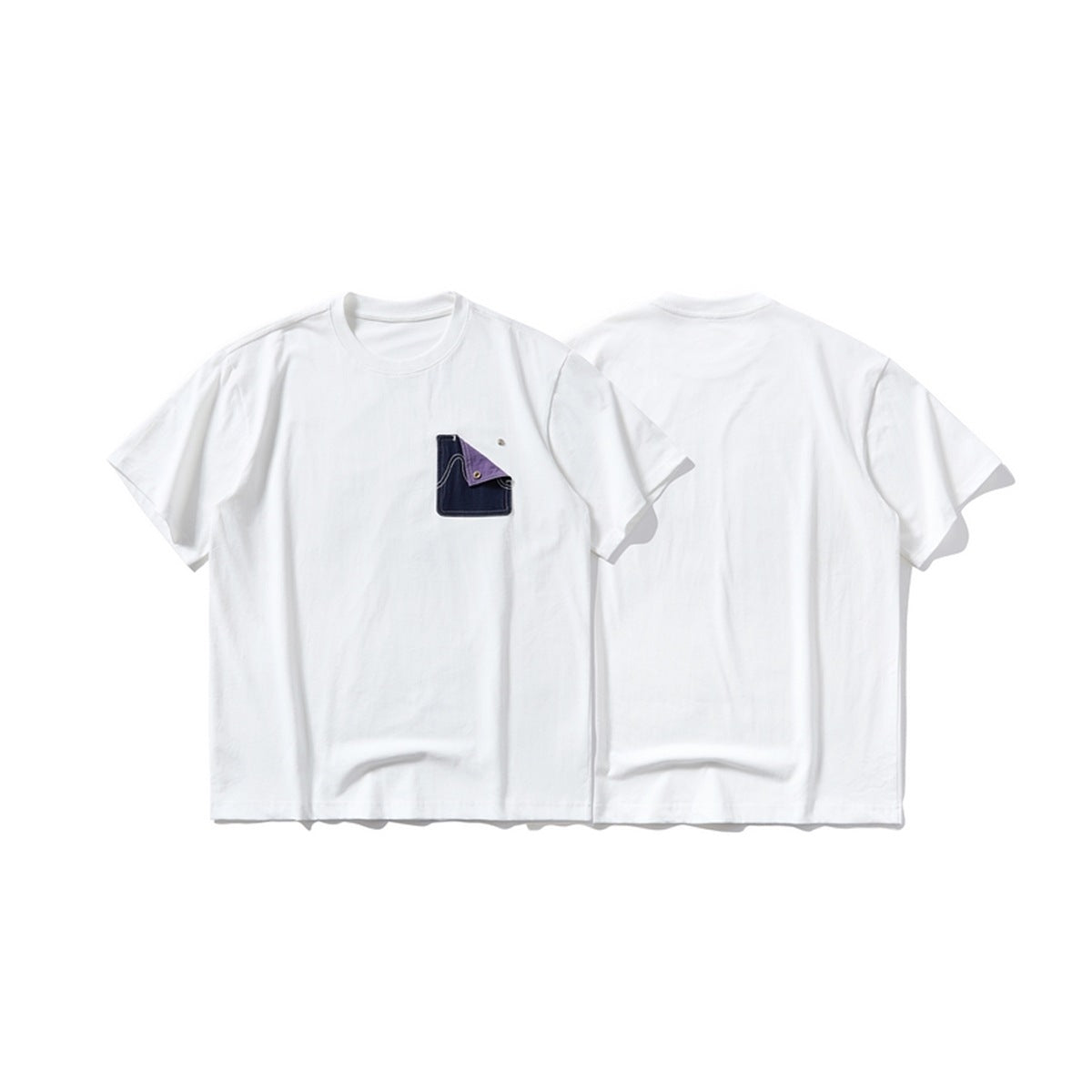 White short-sleeve crew-neck T-shirt shown from front and back, with a small indigo-and-purple pocket on the front.