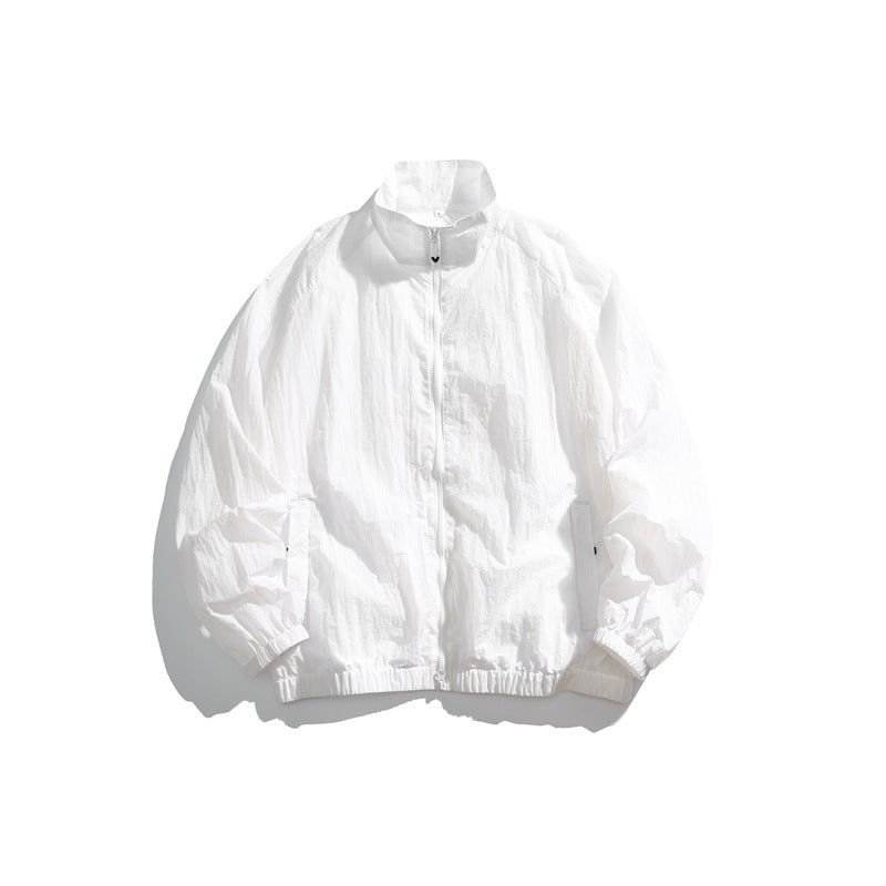 White stand-collar zip-front jacket laid flat with crinkled texture and elastic hem
