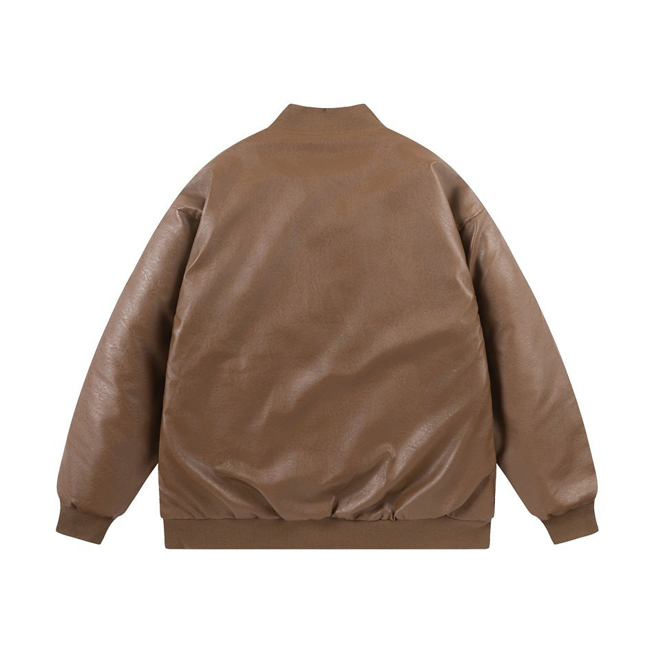 Back view of a plain brown bomber jacket with a ribbed collar, cuffs, and hem.