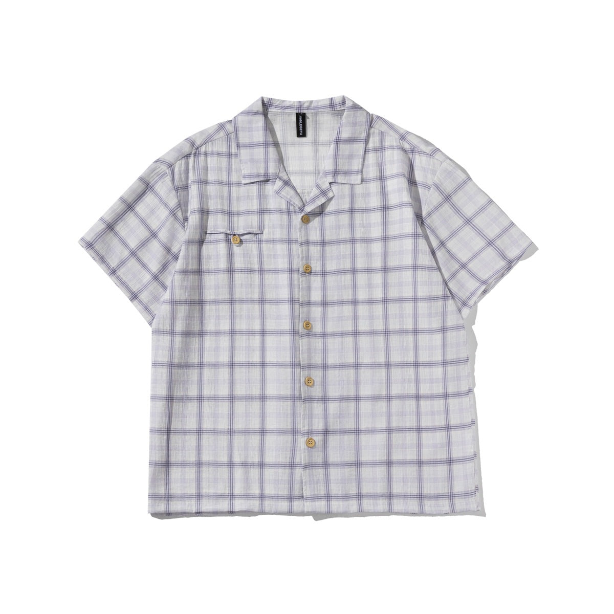 Flat-lay front of a white and lavender-blue plaid short-sleeve camp-collar shirt with tan buttons and a chest flap pocket