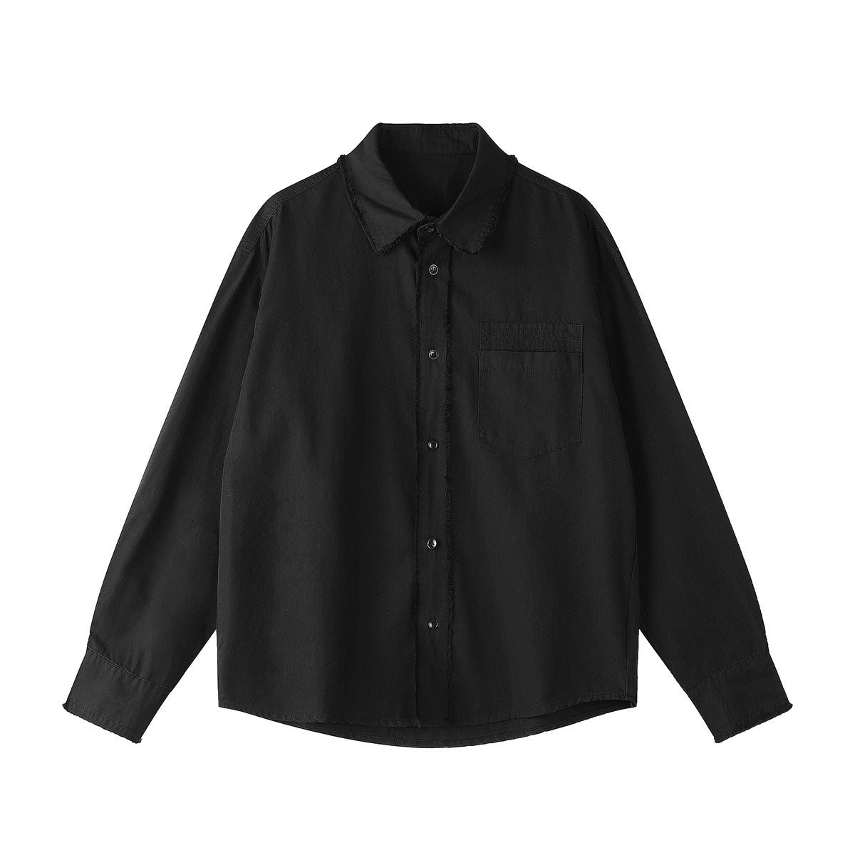 Black long-sleeve button-up shirt with frayed collar, placket and cuff edges and a chest pocket, flat front view