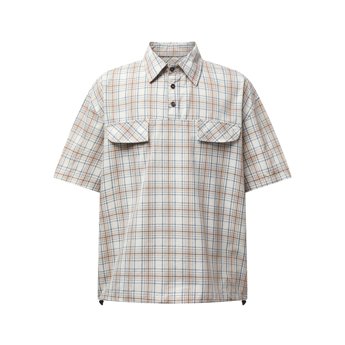 Beige plaid short-sleeve shirt with collar, two chest flap pockets and drawcord hem, flat front view