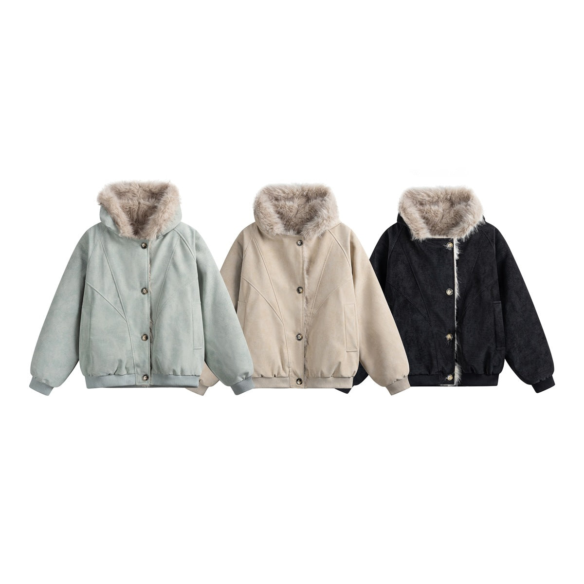 Three hooded jackets shown from the front in sage green, beige, and black, each with beige fur trim.