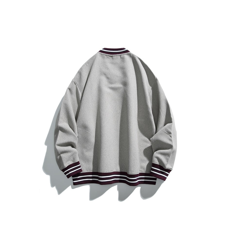 Back view of a light gray sweatshirt with dark striped ribbed collar, cuffs, and hem, displayed flat.