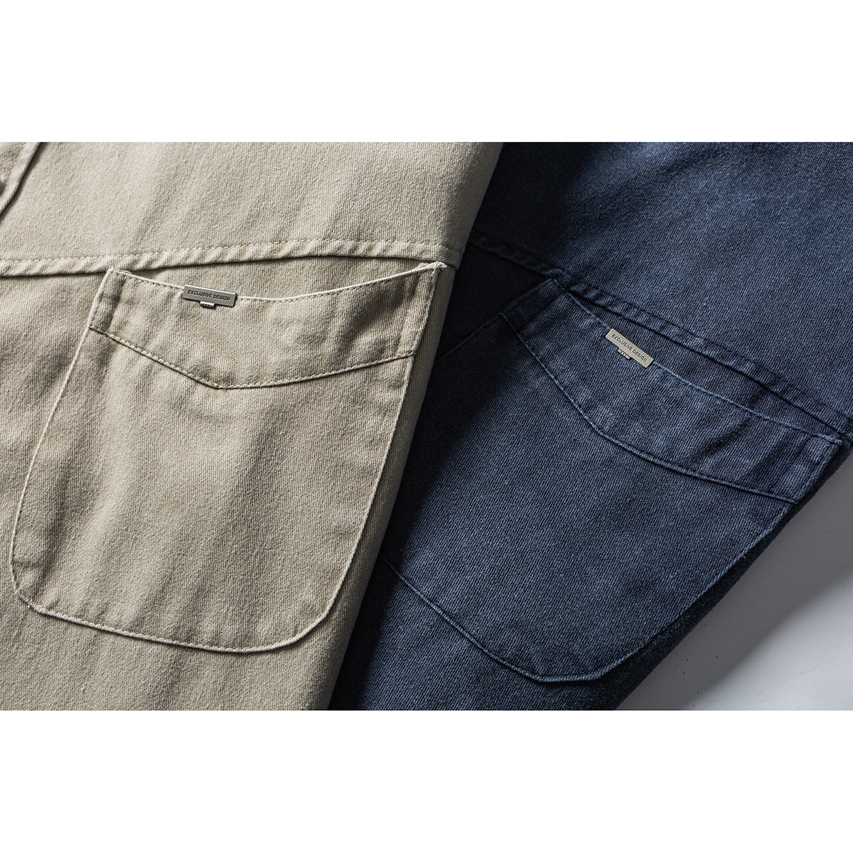 Close-up of large chest pockets on beige and dark blue shirts.