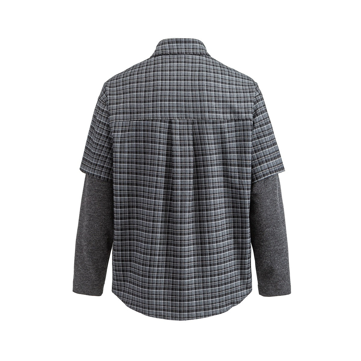 Back view of a charcoal plaid short-sleeve shirt layered over gray long sleeves.
