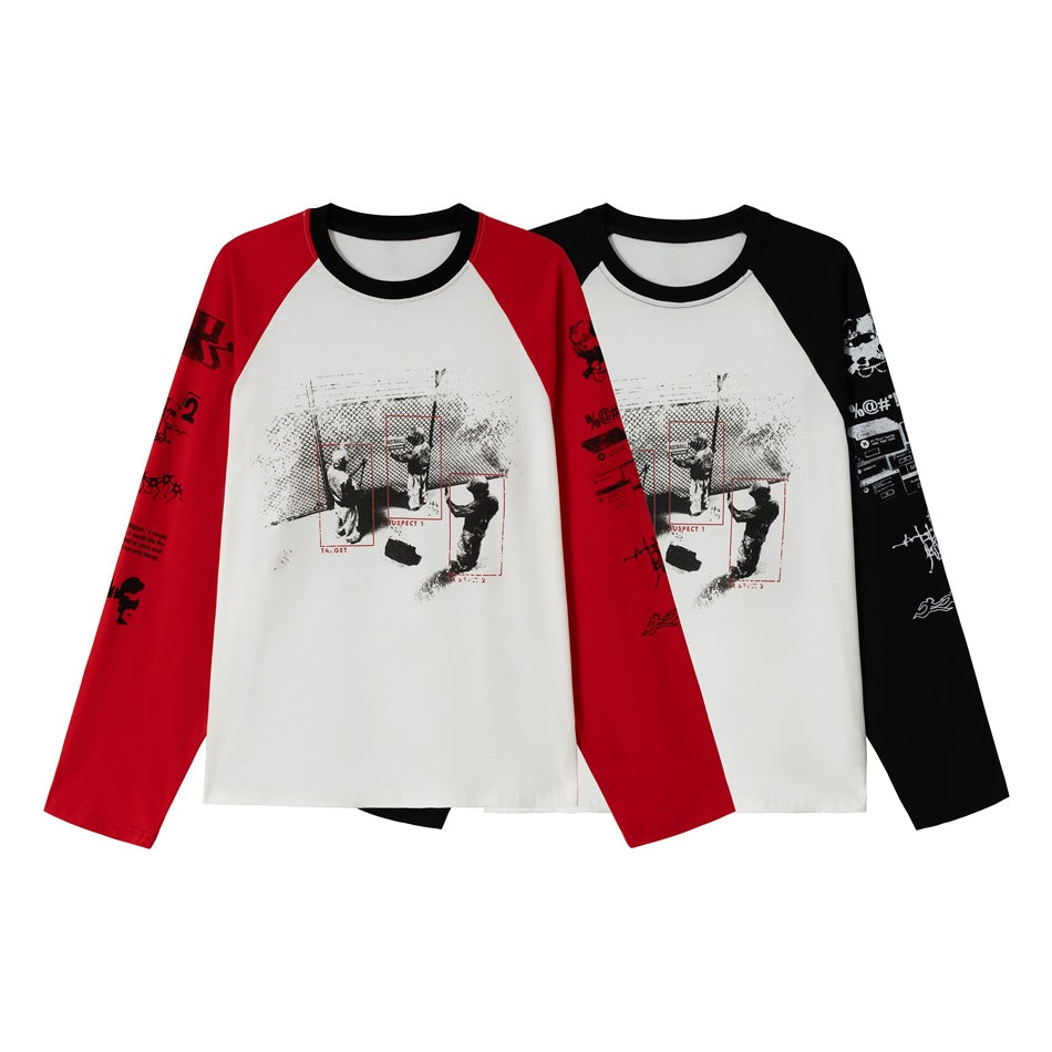 Two long-sleeve raglan shirts with graphic prints: one with red sleeves and one with black sleeves, both with white bodies.