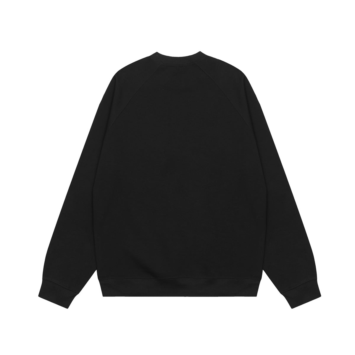 Black crew-neck sweatshirt shown flat, with long raglan sleeves and ribbed cuffs and hem.