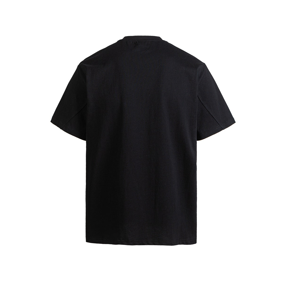 Back view of a plain black short-sleeve T-shirt with a crew neck.