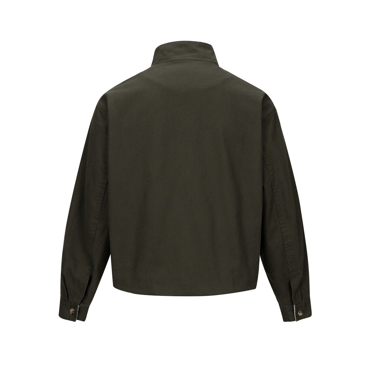 Back view of an olive jacket with a high collar, long sleeves, and buttoned cuffs.