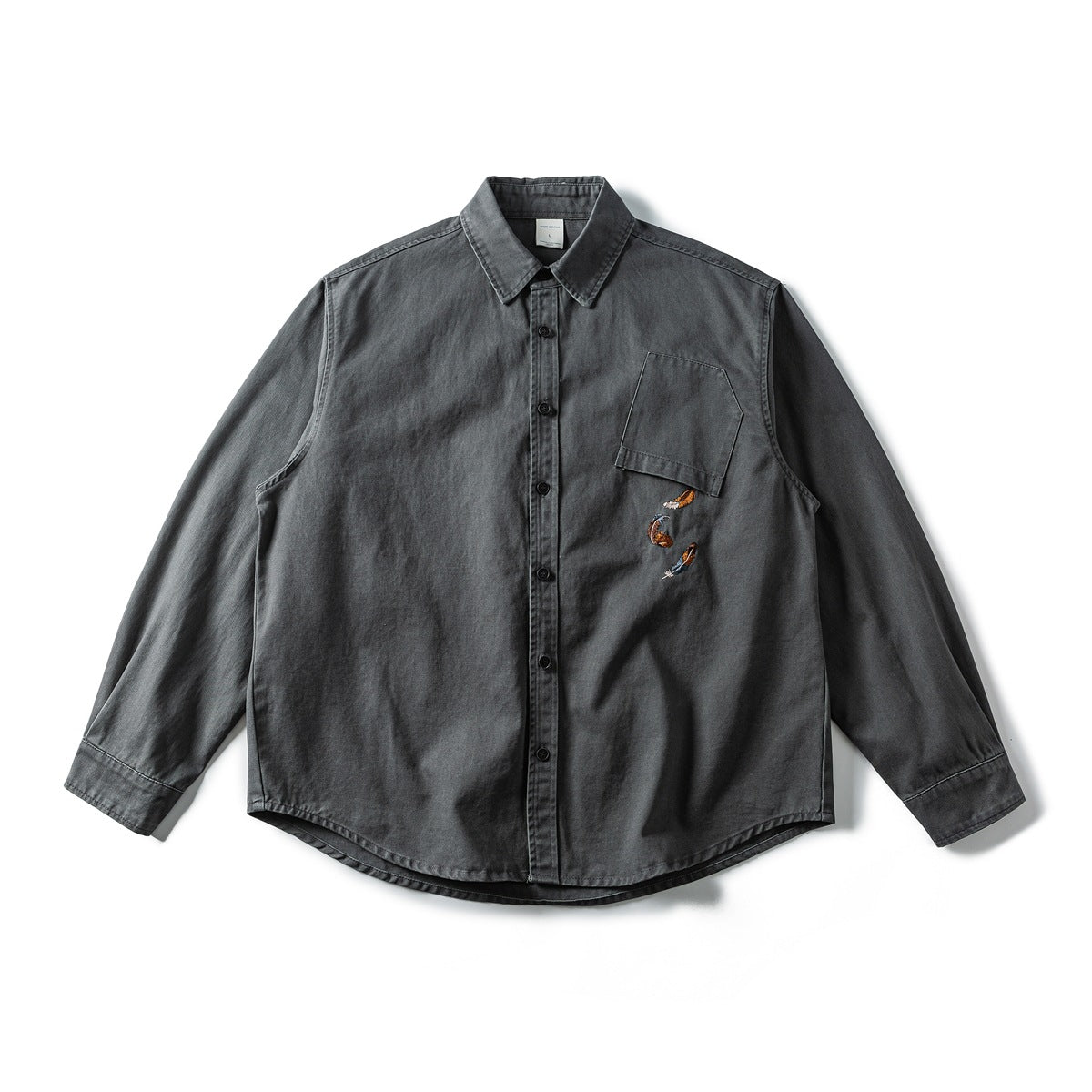 Dark gray long-sleeve button-up shirt flat lay with chest pocket and small embroidered feathers