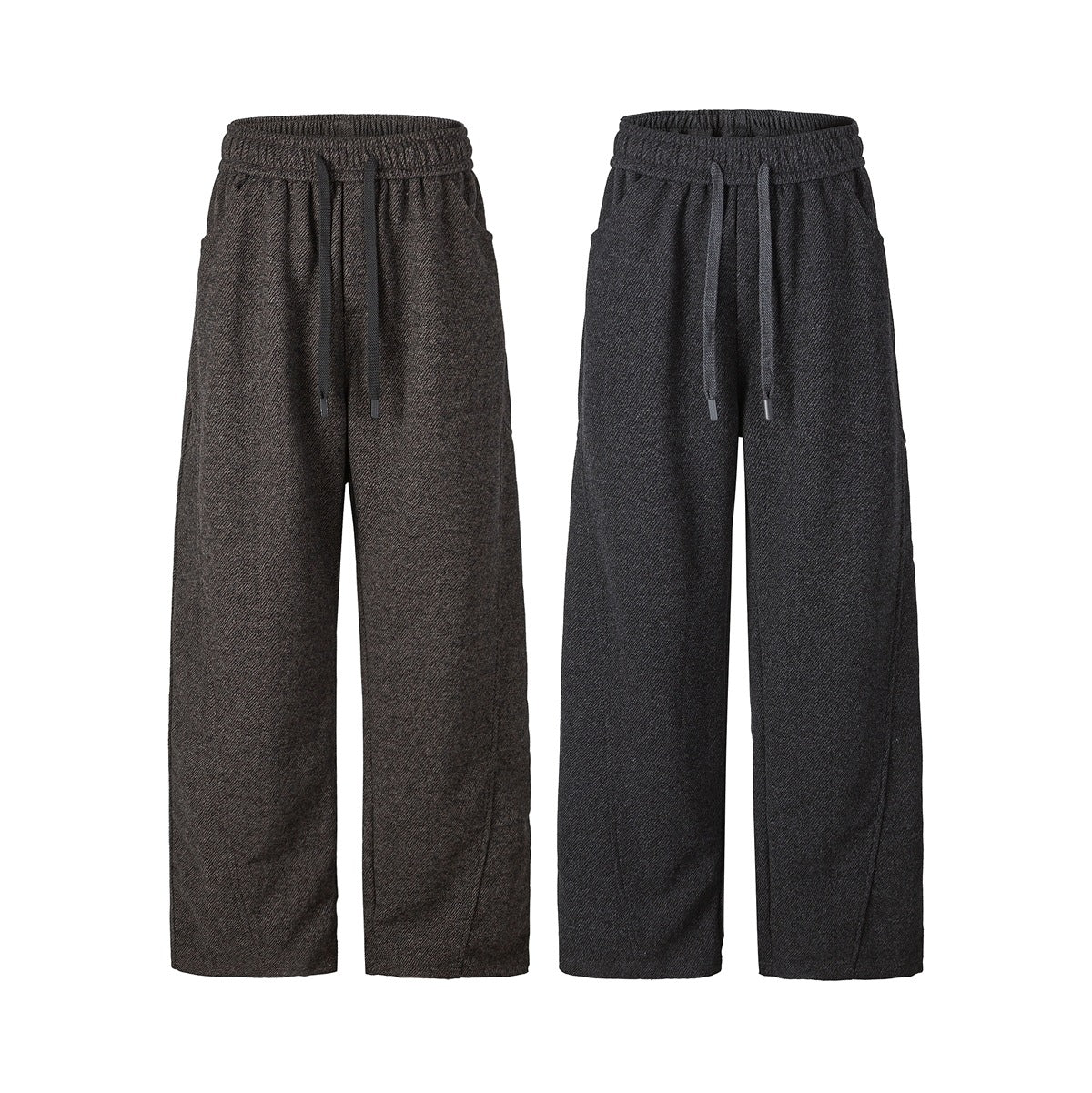 Two front views of wide-leg trousers with elastic drawstring waists, in brown and charcoal gray.