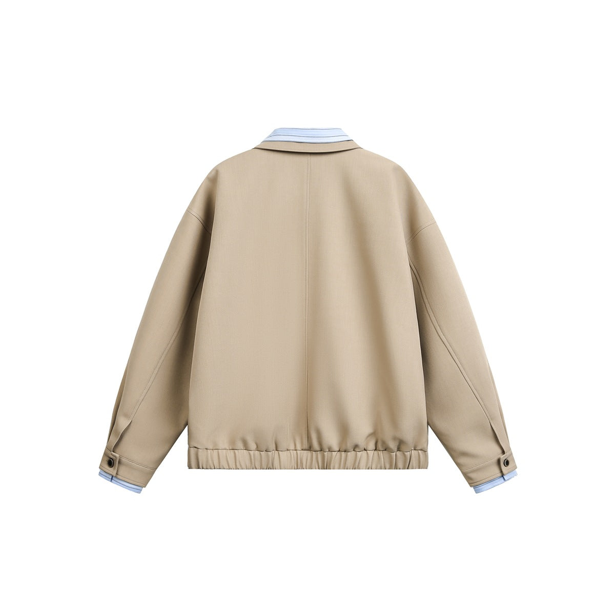Back view of a beige jacket with a striped collar and cuffs, buttoned sleeve tabs and an elasticated hem.