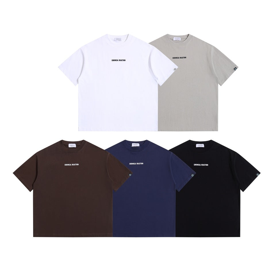 Five short-sleeve crew-neck T-shirts shown from the front in white, light gray, brown, navy, and black.