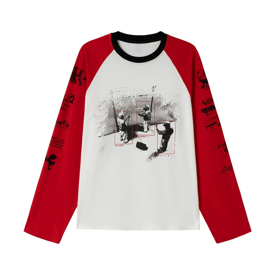 Red and white raglan long-sleeve top with black collar, chest graphic and printed sleeve designs, flat front view