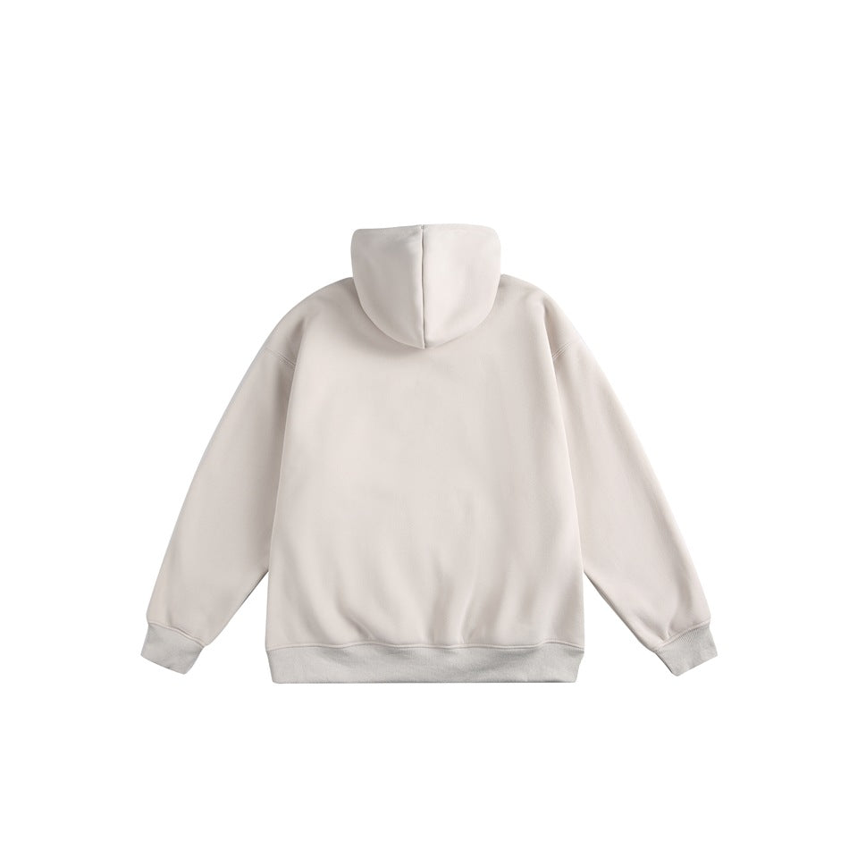 Back view of a cream pullover hoodie with a plain body, hood, long sleeves, and ribbed cuffs and hem.