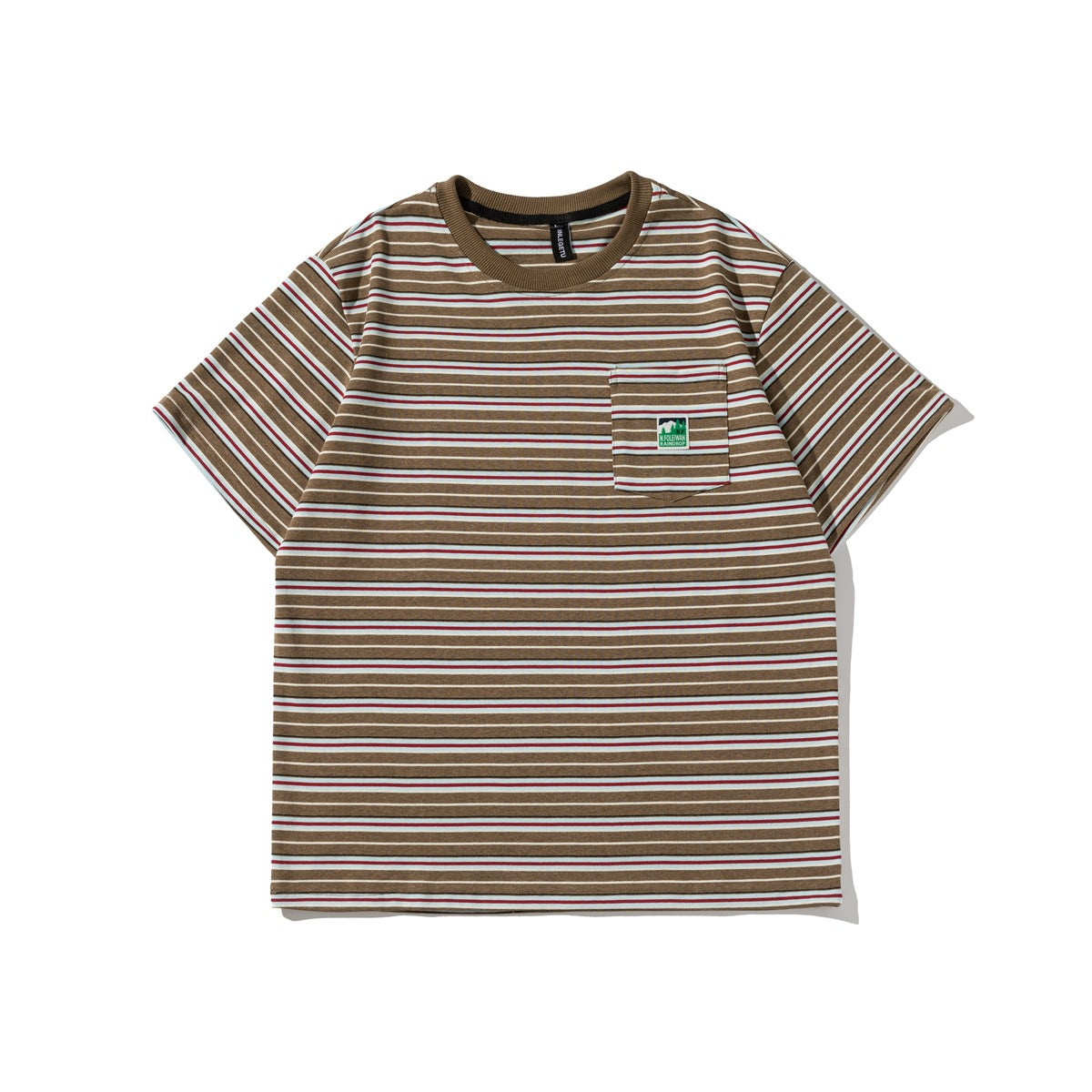 Brown multi-stripe short-sleeve crew-neck T-shirt with chest pocket and small green patch, flat lay
