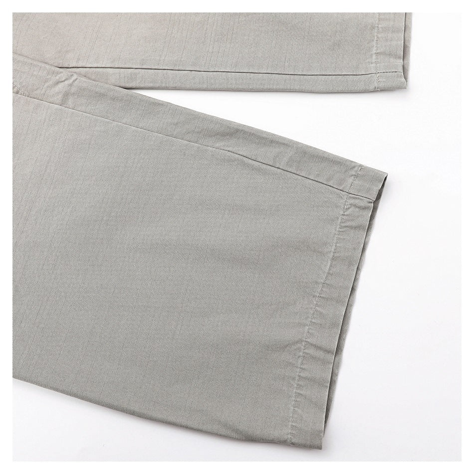 Close-up of the wide trouser legs and stitched hems.