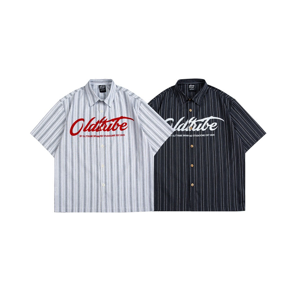 Two short-sleeve striped button-up shirts shown from the front: one white with red print and one black with white print.