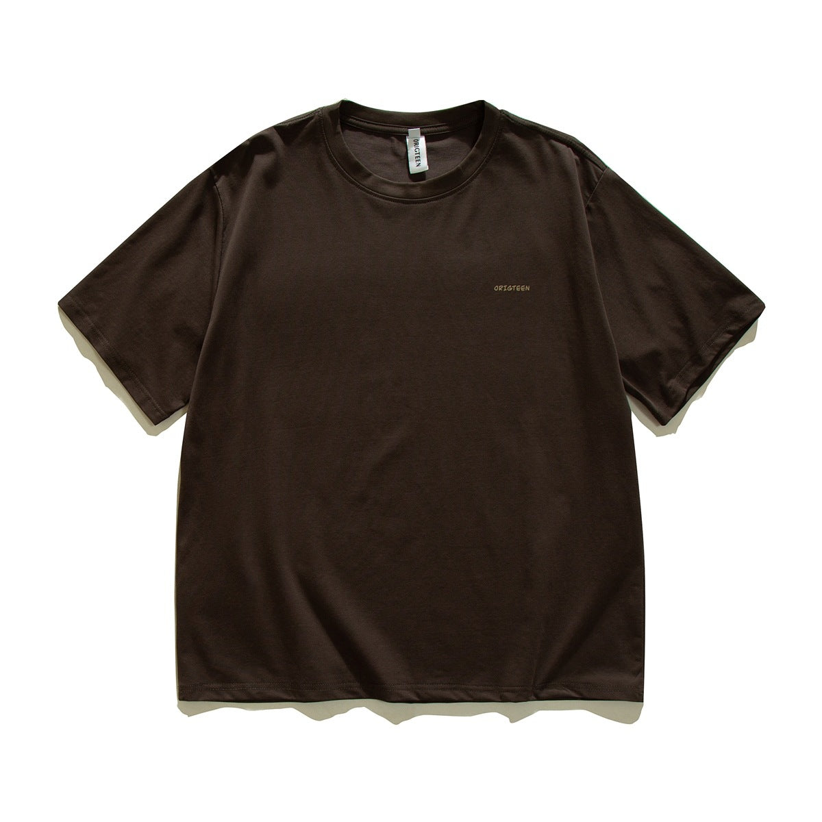 Front view of a plain dark brown short-sleeve crew-neck T-shirt with a small chest logo.