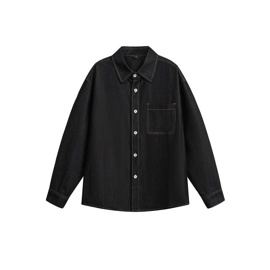 Black denim-look button-up shirt with chest pocket and tan topstitching, flat front view