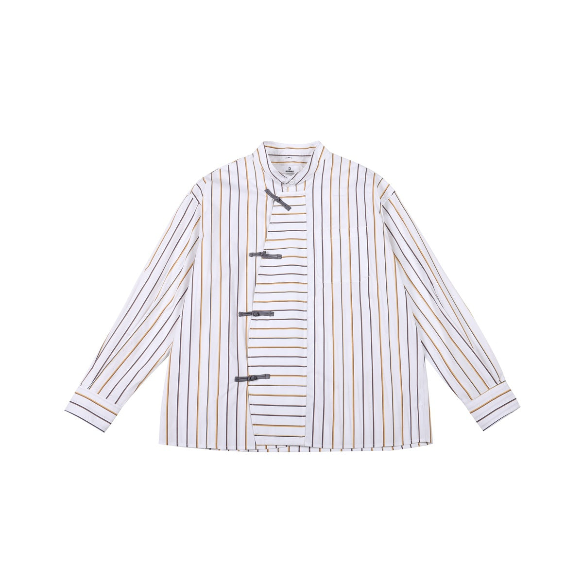 White shirt with brown and mustard vertical stripes, stand collar, diagonal front panel and gray knotted closures, flat lay