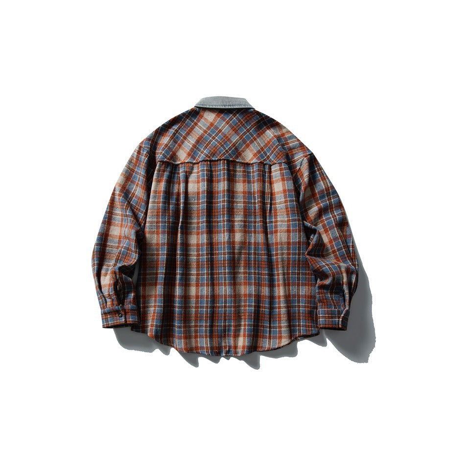 Back of a rust, blue and cream plaid button-up shirt laid flat on a white background.