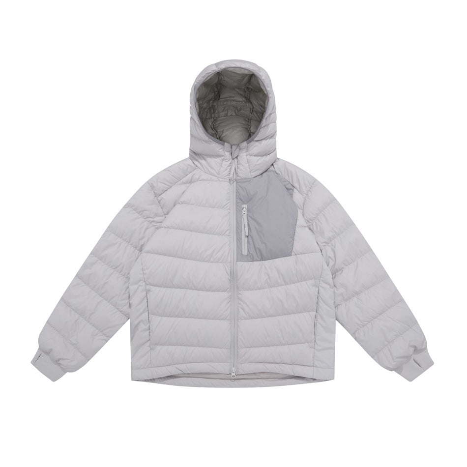 Light gray hooded quilted jacket flat lay with gray chest panel and zip pocket, front view