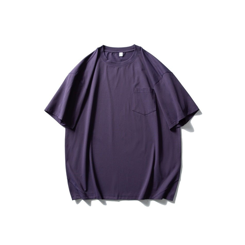 Purple short-sleeve crew neck T-shirt with chest pocket, flat lay front view
