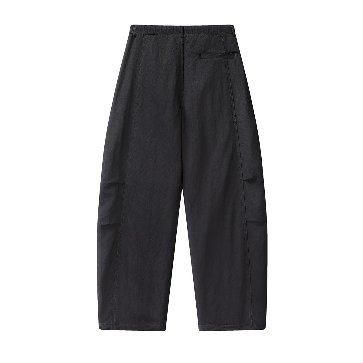 Back view of charcoal black wide-leg trousers with a waistband, belt loops, and a single welt pocket.