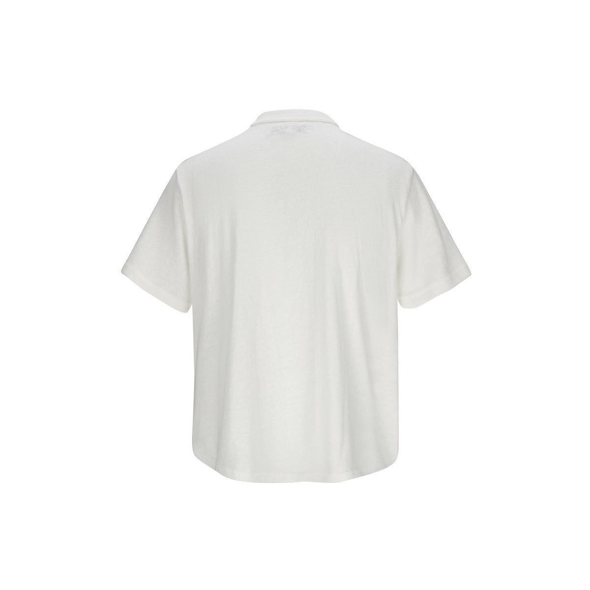 Back view of off-white short-sleeve tee flat lay with a slightly textured surface and curved hem