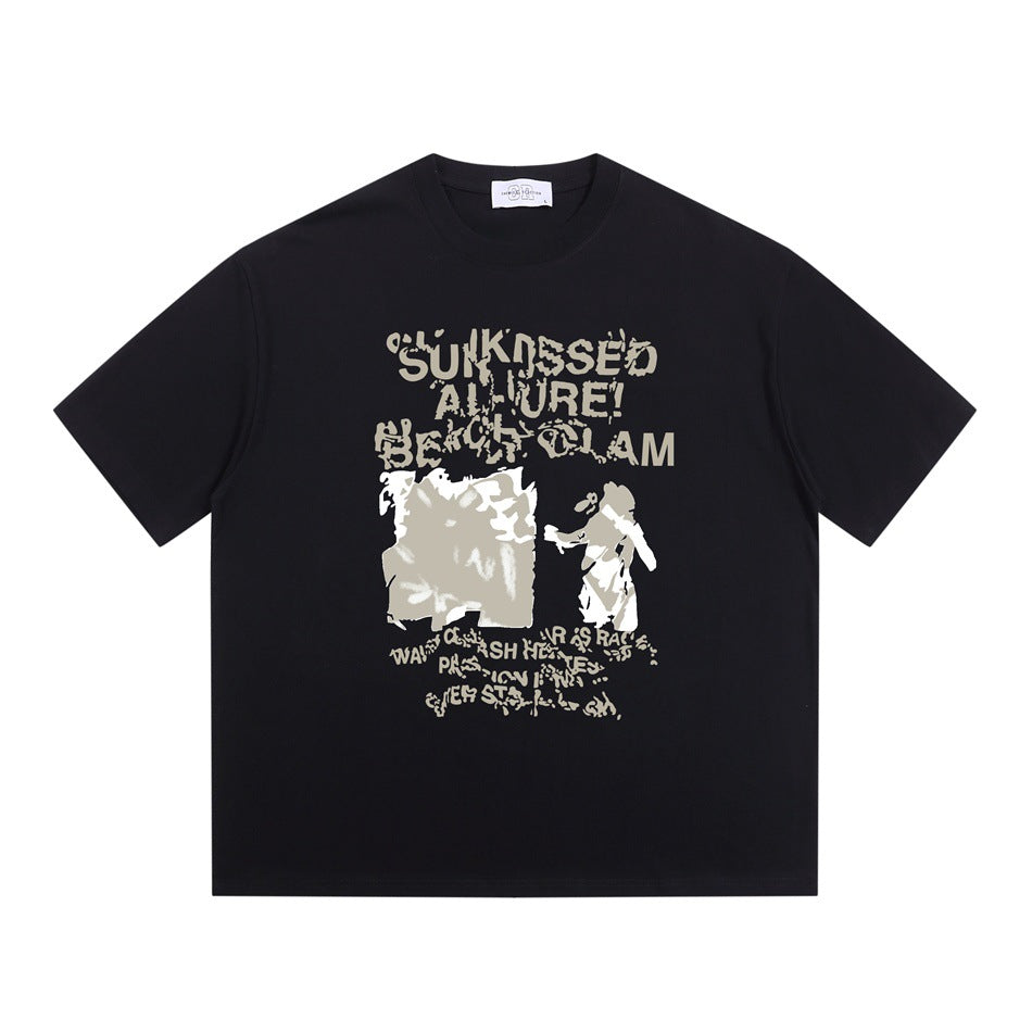 Black short-sleeve crew neck t-shirt with a large distressed beige graphic and lettering on the front