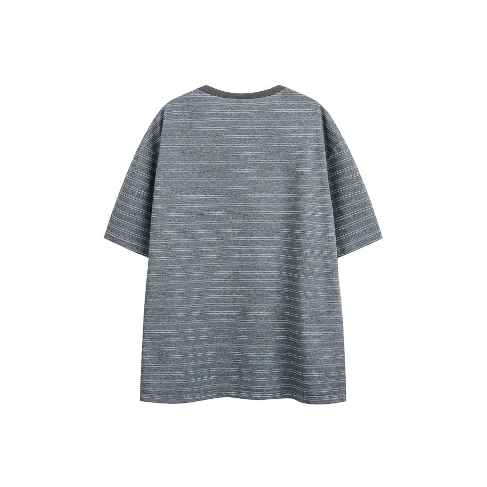 Back view of a gray short-sleeve T-shirt with fine horizontal stripes and a dark crew neckline.
